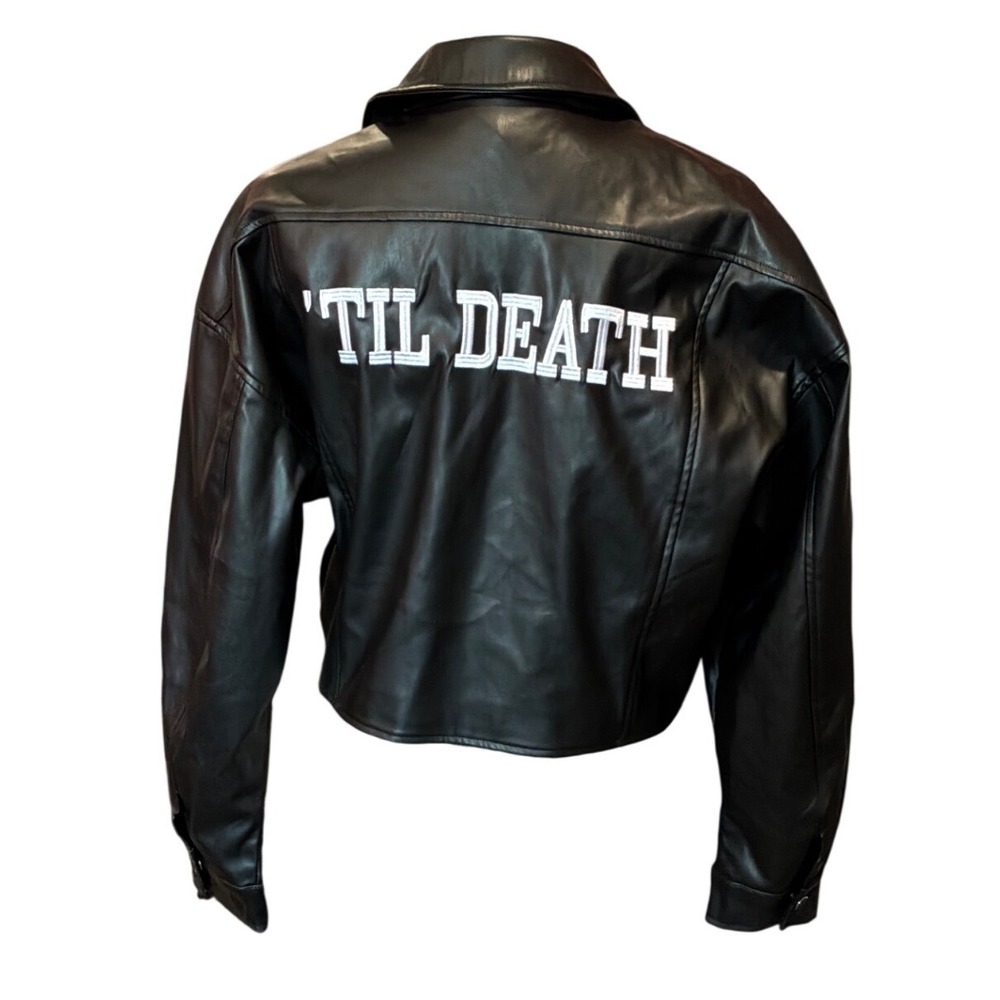 12th Tribe Til Death Black Faux Leather Moto Jacket Womens Small Cropped - Picture 4 of 6